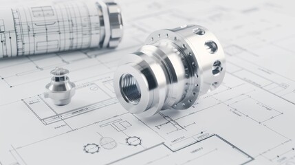 Mechanical components in transparent 3D overlaid on technical blueprints with specifications