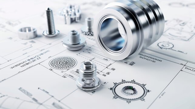 Mechanical components in transparent 3D overlaid on technical blueprints with specifications