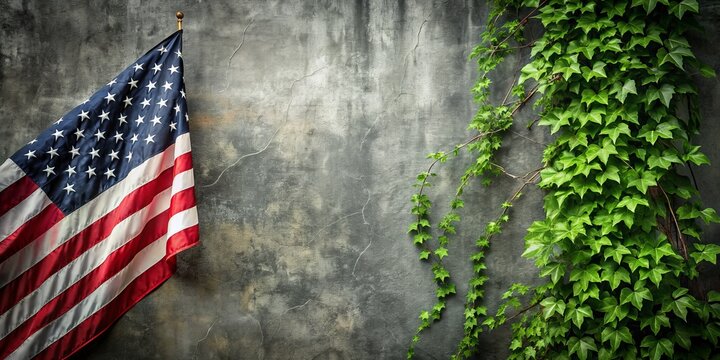 American Flag and Ivy on Concrete Wall, Americana, Patriotism, USA, Memorial Day