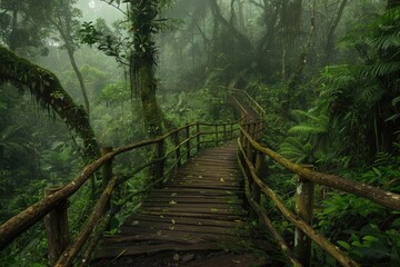 Obraz premium Ecuador Jungle. Wooden Bridge Leading through Lush Green Forest Path