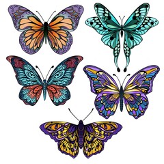 Set of colored bright butterflies on a purple watercolor background. Layout for printing illustrations on T-shirts, notepads, covers