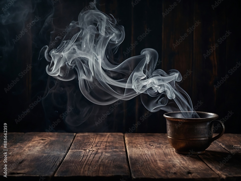 Wall mural Smoke drifting over an empty wooden table on a dark backdrop