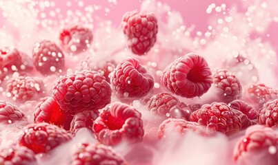 A close up of a bunch of raspberries with water droplets surrounding them. Free copy space for banner.