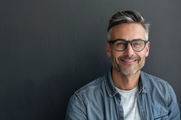 Fototapeta premium Headshot Gray Background. Portrait of a Stylish Male Model Wearing Eyeglasses