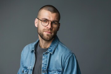 Obraz premium Headshot Gray Background. Portrait of Photogenic Male Model in Eyeglasses and Trendy Haircut