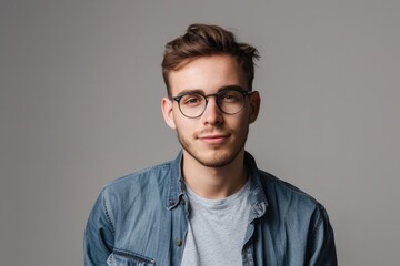 Obraz premium Headshot Gray Background. Portrait of Stylish Male Model in Eyeglasses and Denim Shirt