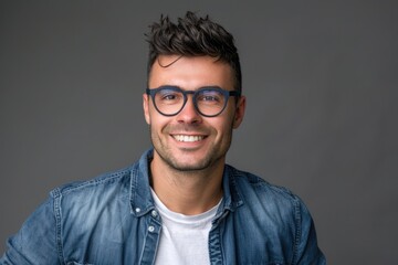 Obraz premium Headshot Gray Background. Portrait of stylish man with trendy haircut and eyeglasses