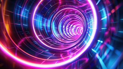 A mesmerizing neon wave illustration featuring circular paths with radiant lines and vibrant colors, creating a dynamic and fluid background.