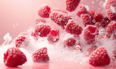 A close up of a bunch of raspberries with water droplets surrounding them. Free copy space for banner.