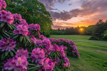 Obraz premium Massachusetts Nature: Blooming Rhododendrons at Maudslay State Park during Sunset