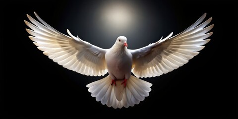 Obraz premium Dove in Flight Wings Spread Wide Against a Black Background, Digital Art, Bird, Peace, Symbol, Hope