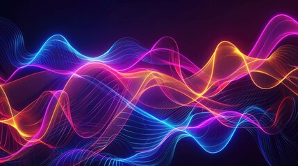 A mesmerizing neon wave illustration with dynamic, flowing lines in vibrant colors, creating a sense of motion and depth against a dark background.