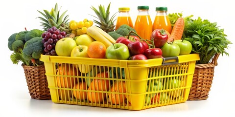 Fresh Produce in Yellow Basket with Juice Bottles, Fruit, Vegetables, Healthy Diet, Grocery Shopping, Food, White Background