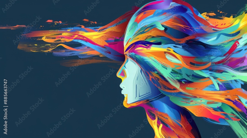 Sticker a minimalist representation of a head profile, with a cascade of vibrant abstract colors emanating f