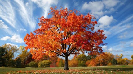 Naklejka premium Sugar Maple Tree in Autumn: Stunning Fall Landscape with Vibrant Maple Leaves