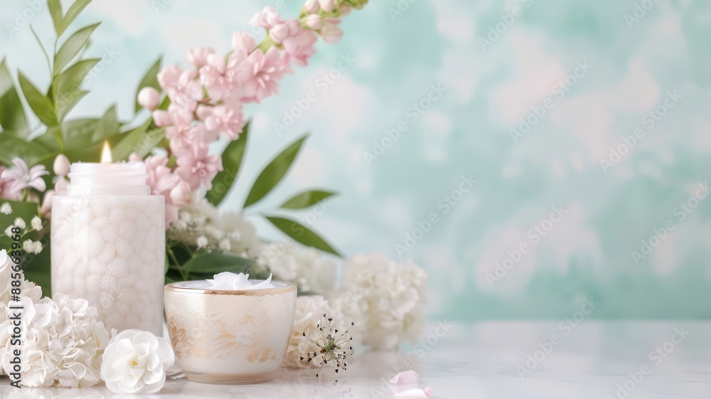 Poster a table with a vase of flowers and candles, with a blue background. scene is calm and relaxing