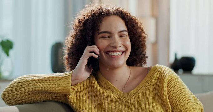 Woman, phone call and app for talking in home, online and funny communication or laughing. Happy female person, chatting and couch for humor in gossip in living room, relax and contact on internet