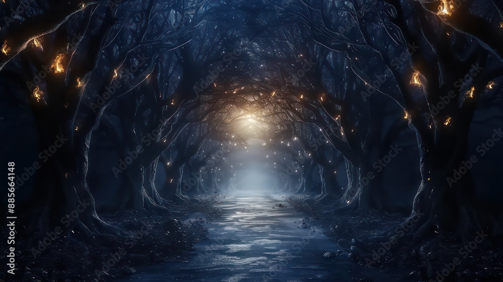 Fototapete A dark forest with a path that is lit up by a light. The light is shining through the trees, creating a mysterious and eerie atmosphere