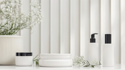 A white table with a vase of flowers and a few white bottles of makeup. The table is set up for a photoshoot or a makeup tutorial