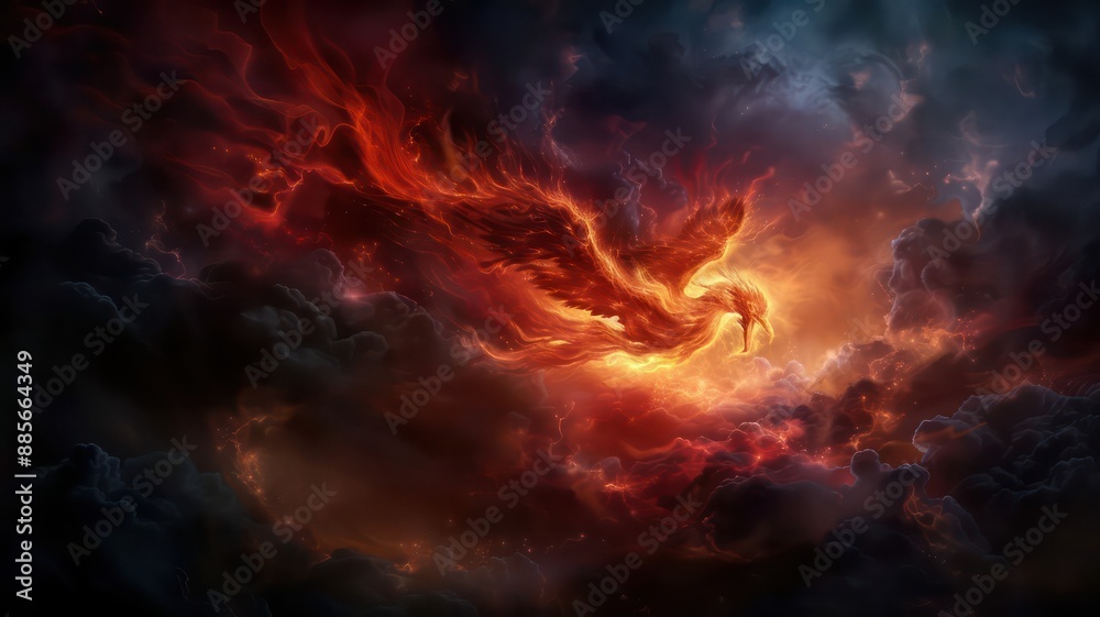 Aufkleber a fiery bird is flying through a dark sky with clouds. concept of danger and chaos, as the bird's fl