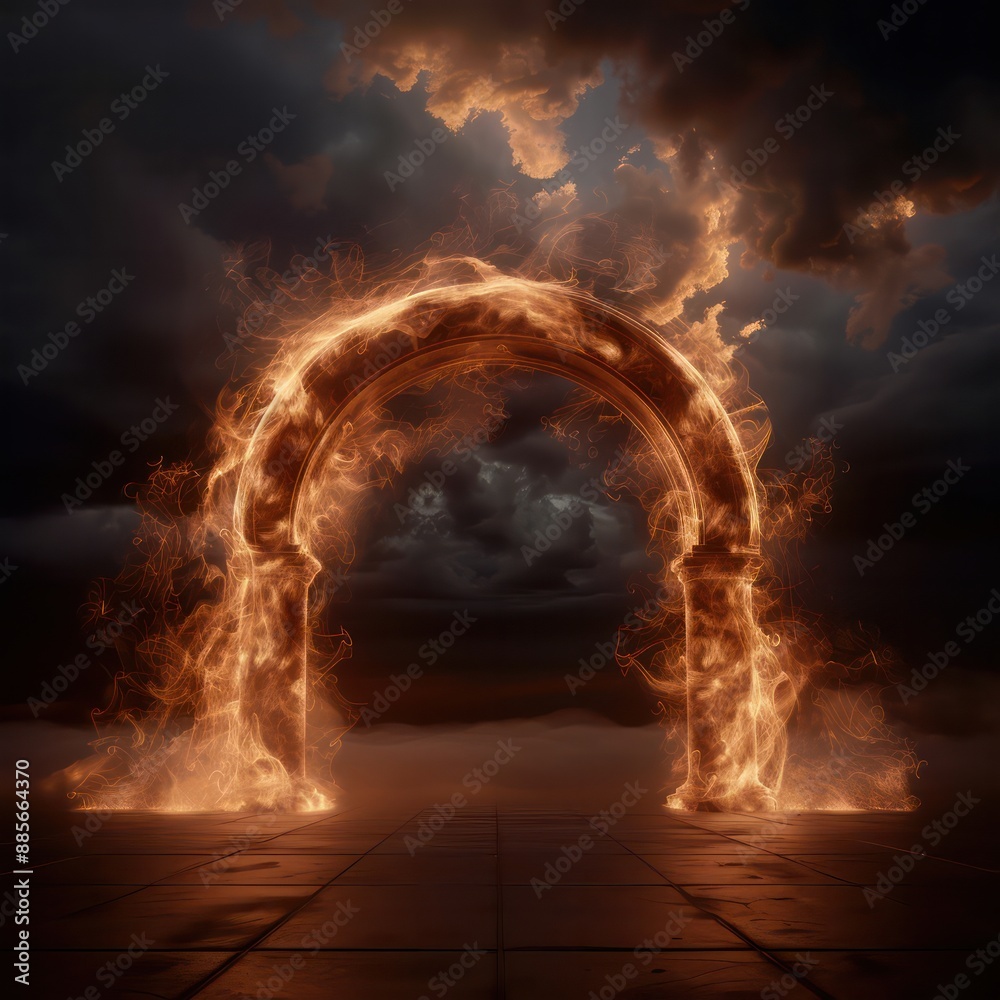 Poster a fiery archway with a dark sky in the background. the archway is made of fire and he is a gateway t