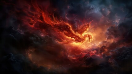 Fototapeta premium A fiery bird is flying through a dark sky with clouds. Concept of danger and chaos, as the bird's flames seem to be consuming the sky. Scene is intense and ominous
