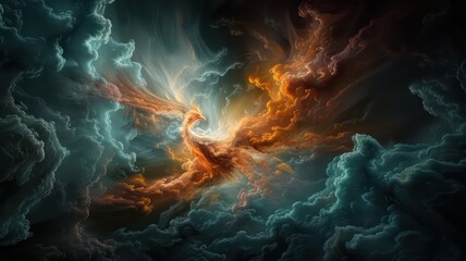 Fototapeta premium A colorful, swirling galaxy with a large orange and blue dragon in the center. The dragon is surrounded by clouds of orange and blue, creating a sense of movement and energy. Scene is one of wonder