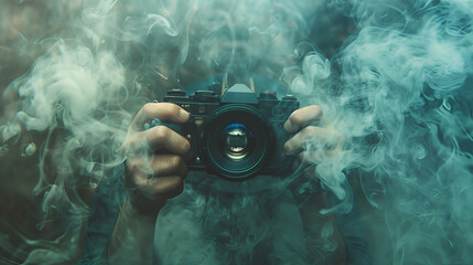 A man holds a vintage camera amidst swirling smoke, creating a mysterious atmosphere