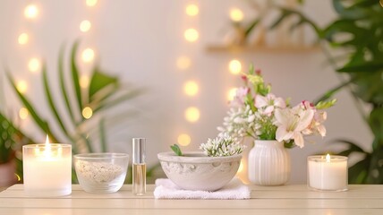 Fototapeta premium A table with candles, a bowl, and a vase of flowers. The candles are lit and the table is set for a relaxing atmosphere