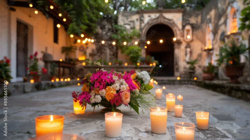 Poster a courtyard with a table full of candles and flowers. the candles are lit and the flowers are arrang