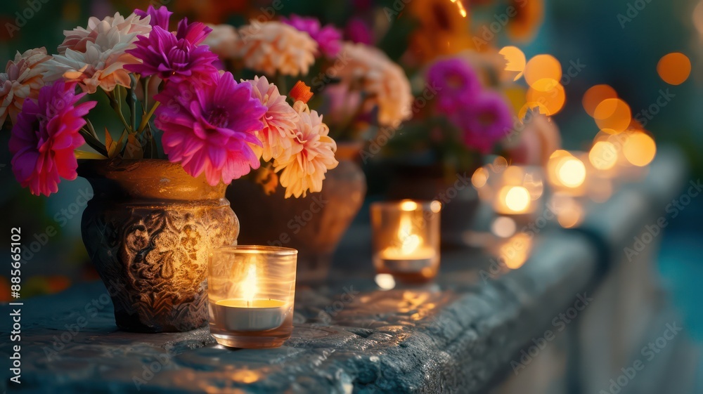 Poster A vase of flowers with candles lit in it. The candles are lit in a way that they are not too close to the flowers, but they are lit enough to create a warm and inviting atmosphere