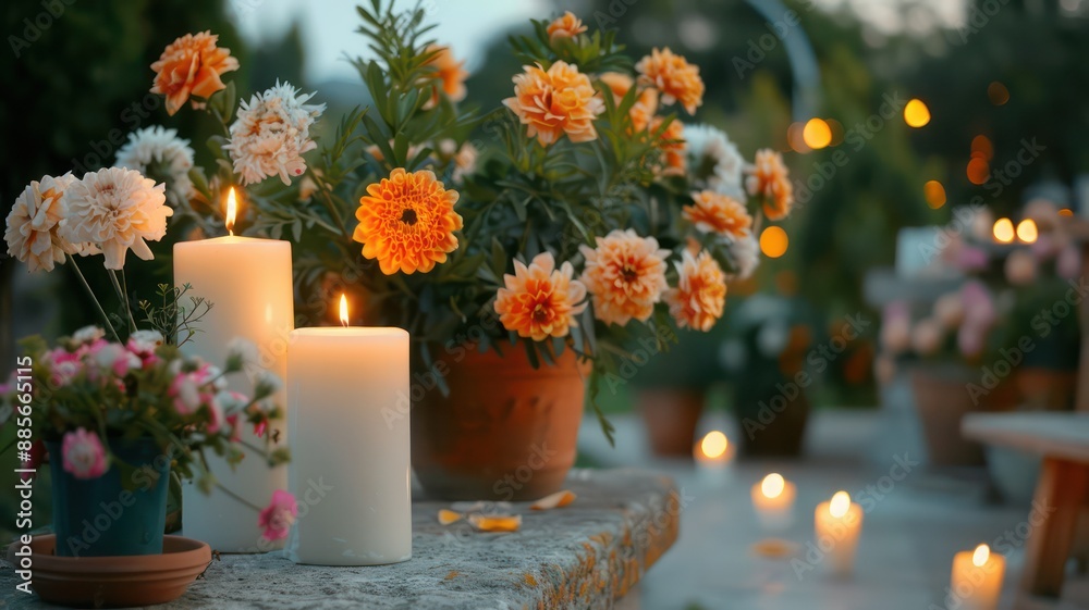 Poster a table with candles and flowers on it. scene is warm and inviting
