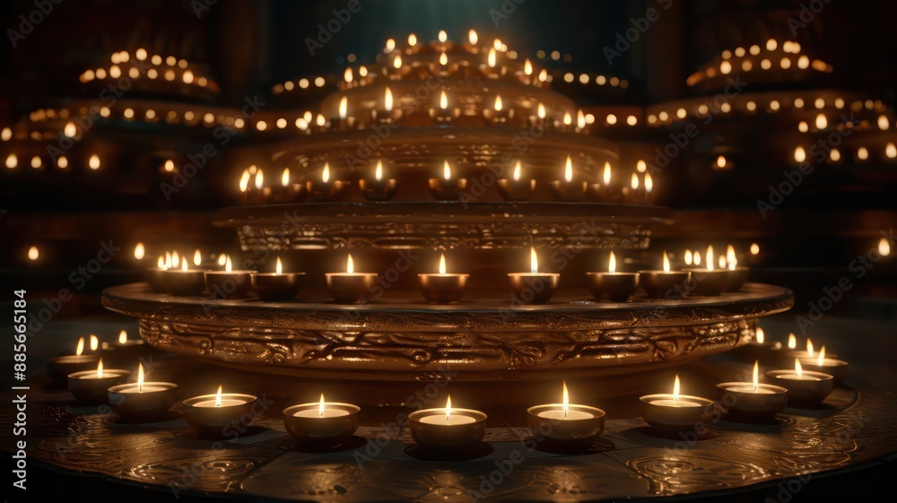 Poster A large candle display with many candles lit. The candles are arranged in a pyramid shape. Scene is warm and inviting, as the candles create a cozy atmosphere