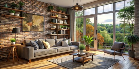 Fototapeta premium Modern Living Room Interior with Brick Wall and Large Window, 3D Rendering, Brick Wall, Modern Interior Design, Interior Decor