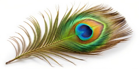 Fototapeta premium Peacock Feather with Eye Pattern on White Background, peacock feather, feather texture, bird feather, eye pattern