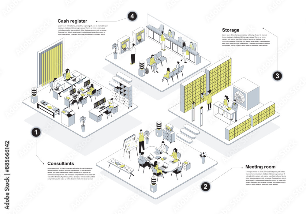 Poster bank 3d isometric concept in outline design for web. people working in isometry rooms, consultants o