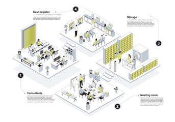 Bank 3d isometric concept in outline design for web. People working in isometry rooms, consultants office, clients meeting, cash register hall and safe storage service interiors. Vector illustration.