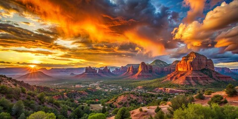 Sedona Sunset Landscape  Fiery Sky Over Red Rock Buttes, Arizona , Sedona , Arizona , Sunset , Landscape