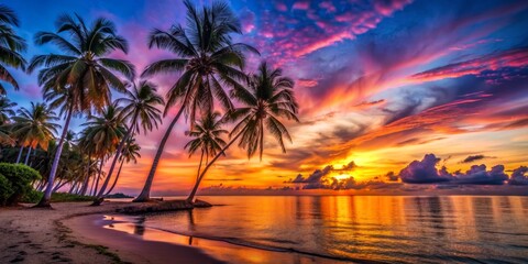 Silhouettes of Palm Trees against a Vibrant Tropical Sunset, Seascape, Tropical Beach, Sunset, Palm Trees, Landscape, Nature
