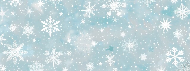 A seamless pattern of delicate snowflakes and stars, arranged in an intricate design on a light blue background, evoking the beauty of winter and Christmas