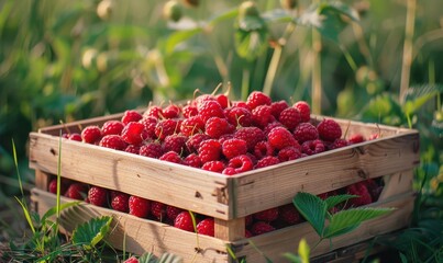 A wooden crate full of red raspberries.