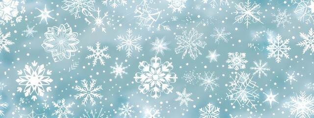 A seamless pattern of delicate snowflakes and stars, arranged in an intricate design on a light blue background, evoking the beauty of winter and Christmas