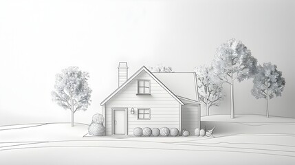 One Line Drawing of a Minimalist House in a Peaceful Landscape