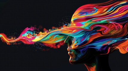 Obraz premium A sleek profile of a head, with a stream of vibrant abstract colors pouring out, symbolizing the flow of ideas and inspiration from the depths of imagination.