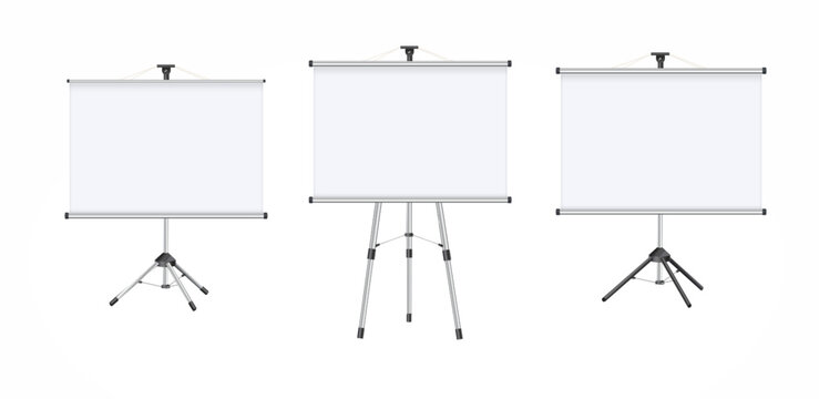 Empty Projection screen, Presentation board in realistic style. Horizontal roll up banner. Blank whiteboard for conference. Vector EPS 10.