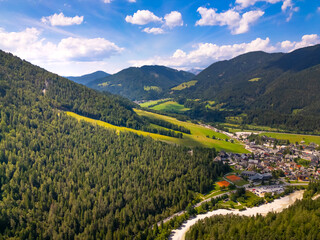 Drone view of Kranjska Gora in Slovenia. Landscape of Julian Alps