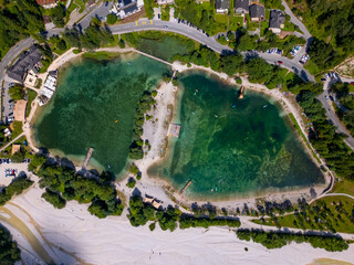 Aerial view of Jasna Lake in Slovenia top view