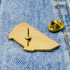 Metal badge, pin. The back side of the badge with a metal clasp.