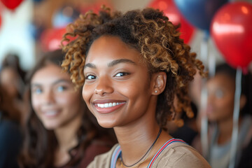 .A diverse group of smiling women at an event, with red, white and blue balloons in the background. .Corporate atmosphere 