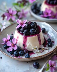A beautiful panna cotta with fresh blueberries and purple flowers